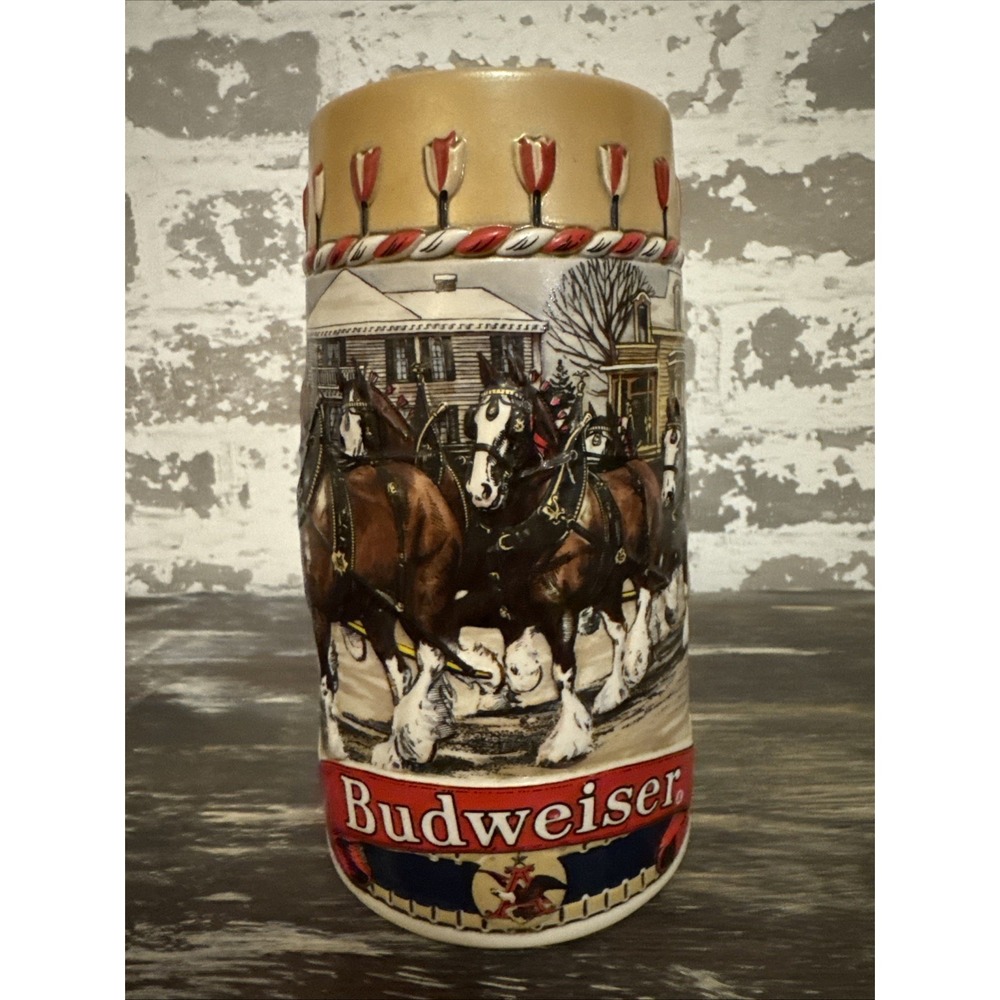Vintage 1986‎ BUDWEISER Holiday Beer Stein Mug Clydesdales Ceramarte- B Series